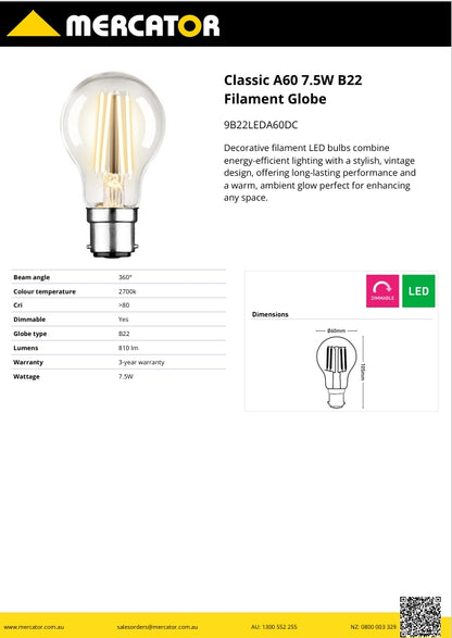 Classic A60 7.5W B22 Filament Globe