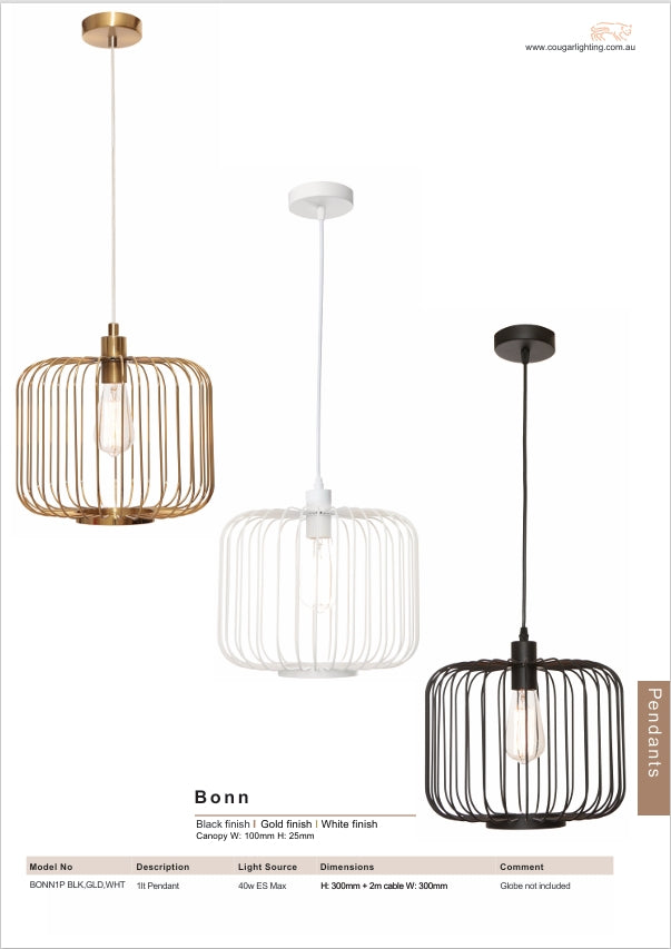 Bonn 1 Light Pendant - White