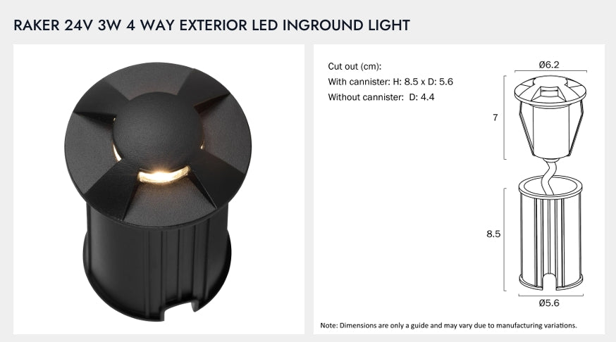 RAKER 24V 3W 4 Way Exterior LED Inground Light - Black