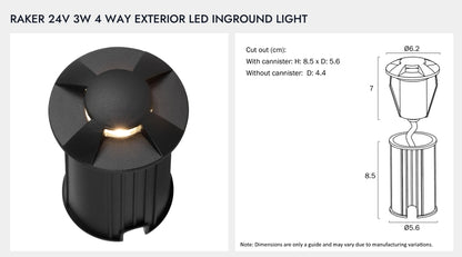 RAKER 24V 3W 4 Way Exterior LED Inground Light - Black
