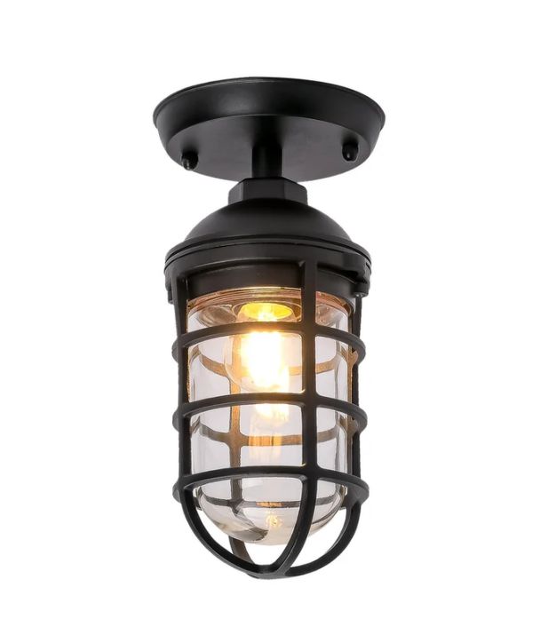 VILLAKU: Exterior Cylinder Aluminium & Glass with Cage Ceiling / Wall Lights IP44 - Matte Black
