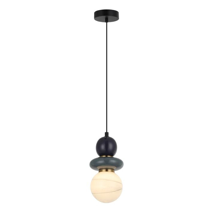 TOCADO: Interior Sandblasted Opal Diffuser Glass with Grey & Purple Ceramic Bead Pendant Light