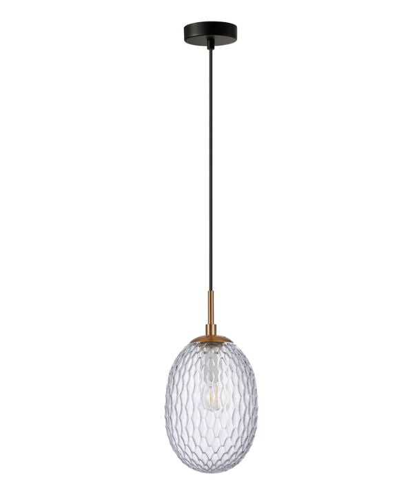 KATHAL: Interior CLEAR Ellipse Glass with Brass Highlight Enclosed Pendant Light
