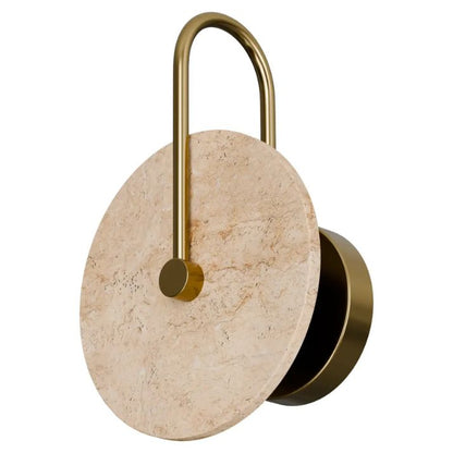 Calibo Orville Travertine 200mm Round Disc LED Wall Light with Brass Handle - Brass