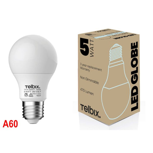 E27 A60 5W LED Globe Opal Non-Dimmable -  4000K