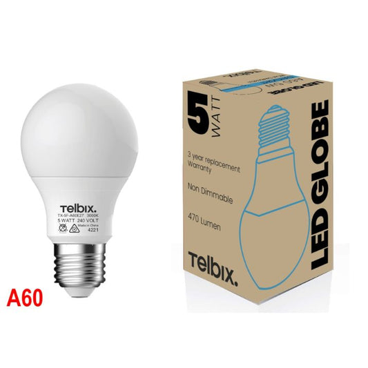 E27 A60 5W LED Globe Opal Non- Dimmable - 6000K