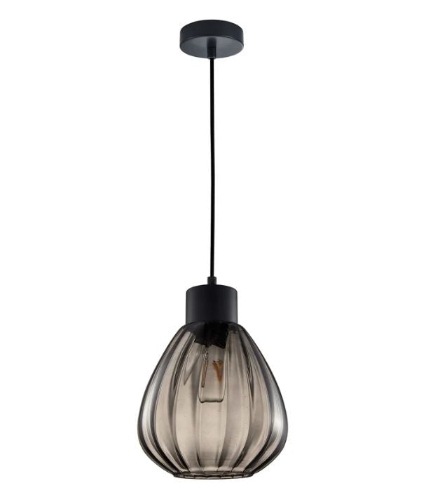 TULIP: Interior Smokey Black Wine Glass Ribbed Pendant Light