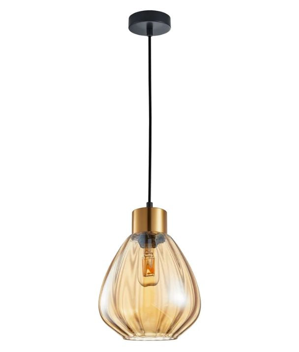 TULIP: Interior Bronze Amber Wine Glass Ribbed Pendant Light