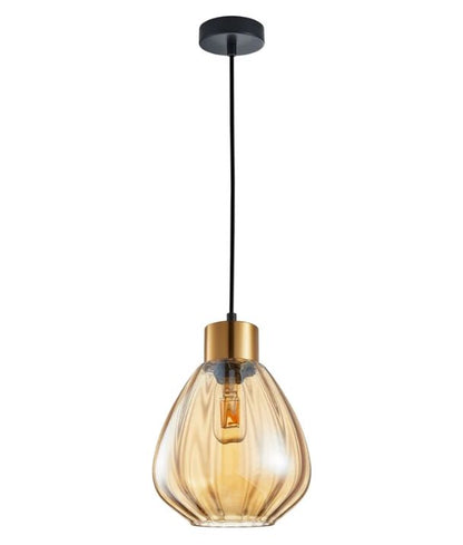TULIP: Interior Bronze Amber Wine Glass Ribbed Pendant Light