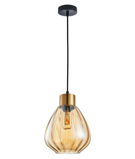 TULIP: Interior Bronze Amber Wine Glass Ribbed Pendant Light