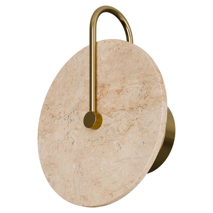 Calibo Orville Travertine 250mm Round Disc LED Wall Light with Brass Handle - Natural
