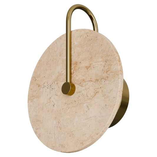 Calibo Orville Travertine 250mm Round Disc LED Wall Light with Brass Handle - Natural