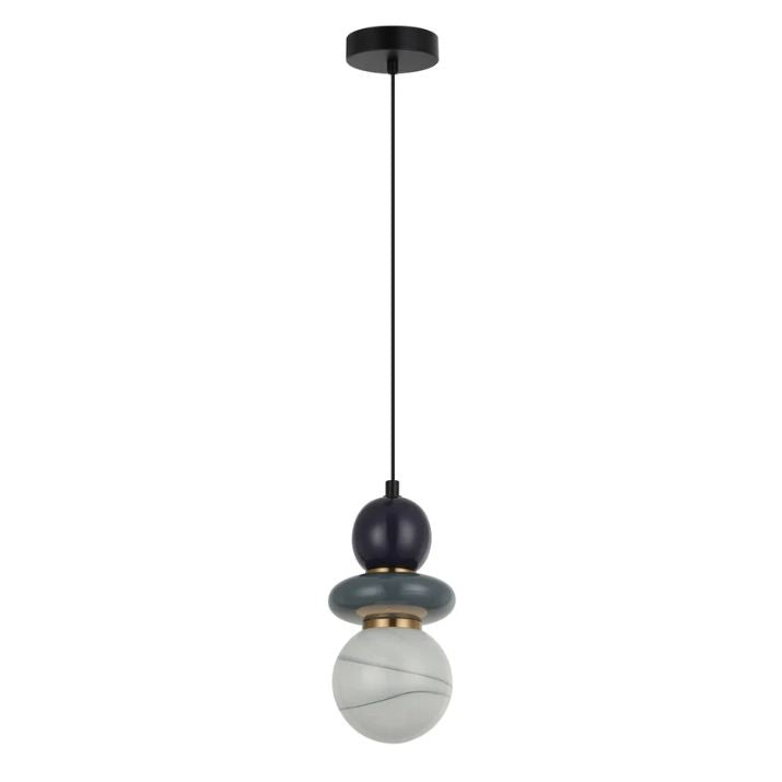 TOCADO: Interior Sandblasted Opal Diffuser Glass with Grey & Purple Ceramic Bead Pendant Light