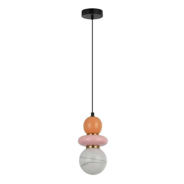 TOCADO: Interior Sandblasted Opal Diffuser Glass with Pink & Peach Ceramic Bead Pendant Light