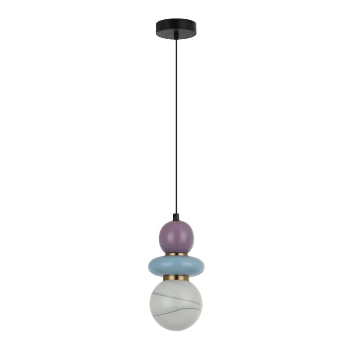 TOCADO: Interior Sandblasted Opal Diffuser Glass with Blue & Violet Ceramic Bead Pendant Light