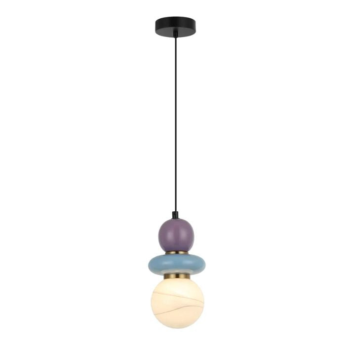 TOCADO: Interior Sandblasted Opal Diffuser Glass with Blue & Violet Ceramic Bead Pendant Light
