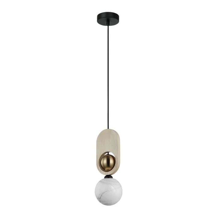 PALTA: Interior Sandblasted Opal Diffuser with Brass/Natural Wood Pendant Lights