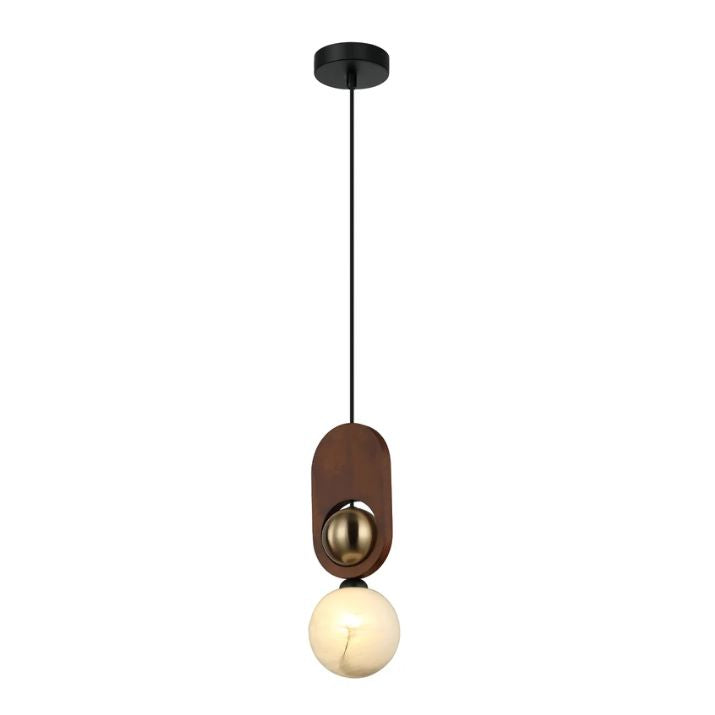 PALTA: Interior Sandblasted Opal Diffuser with Brass/Red Wood Pendant Lights