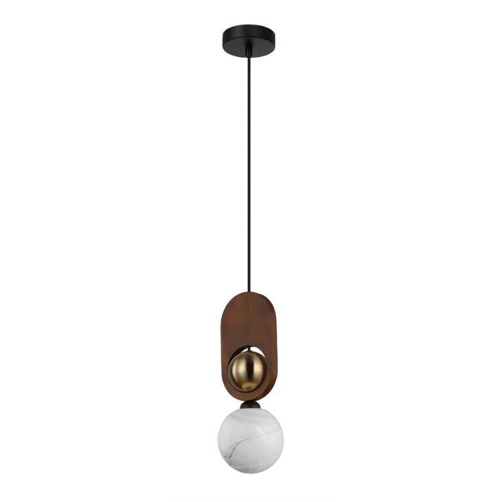 PALTA: Interior Sandblasted Opal Diffuser with Brass/Red Wood Pendant Lights