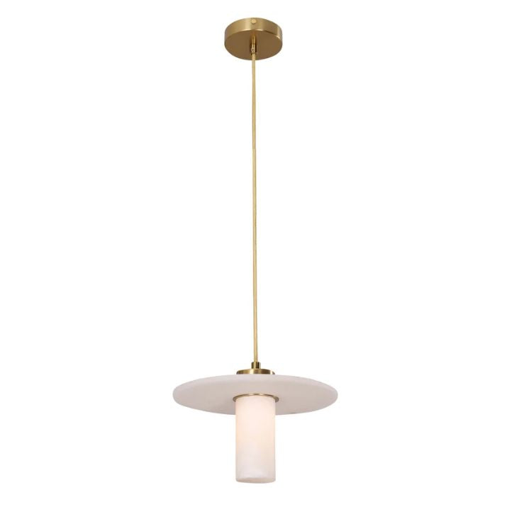 LUCERNA: Interior Cylinder Round Hat Alabaster Shade Brass Highlight Pendant Light