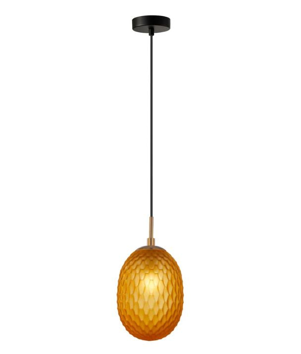 KATHAL: Interior ORANGE Ellipse Glass with Brass Highlight Enclosed Pendant Lights