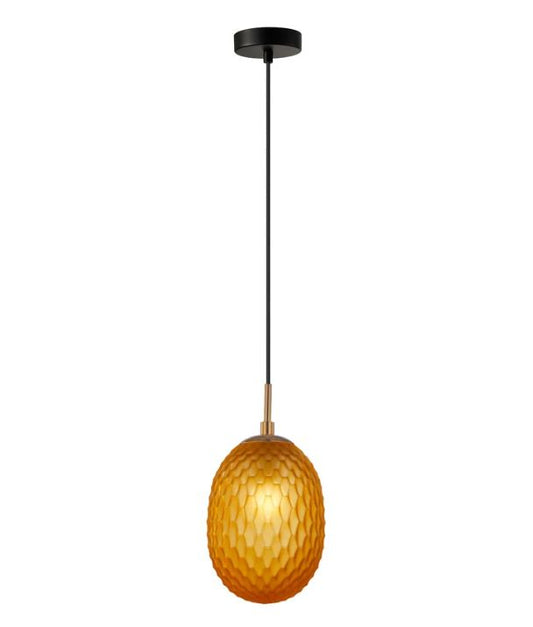 KATHAL: Interior ORANGE Ellipse Glass with Brass Highlight Enclosed Pendant Lights