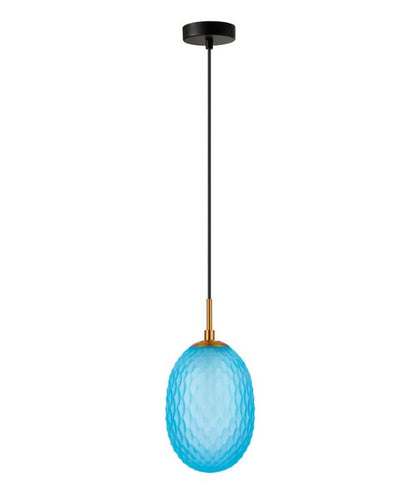 KATHAL: Interior BLUE Ellipse Glass with Brass Highlight Enclosed Pendant Light