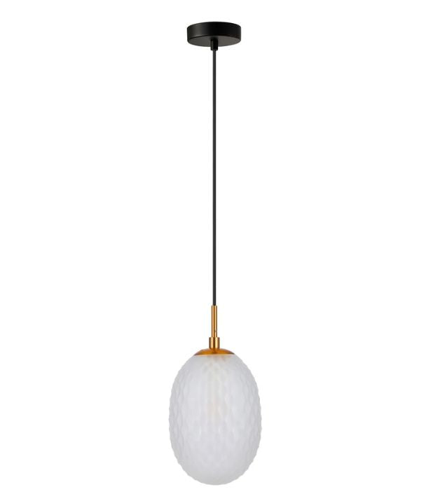 KATHAL: Interior FROSTED Ellipse Glass with Brass Highlight Enclosed Pendant Light