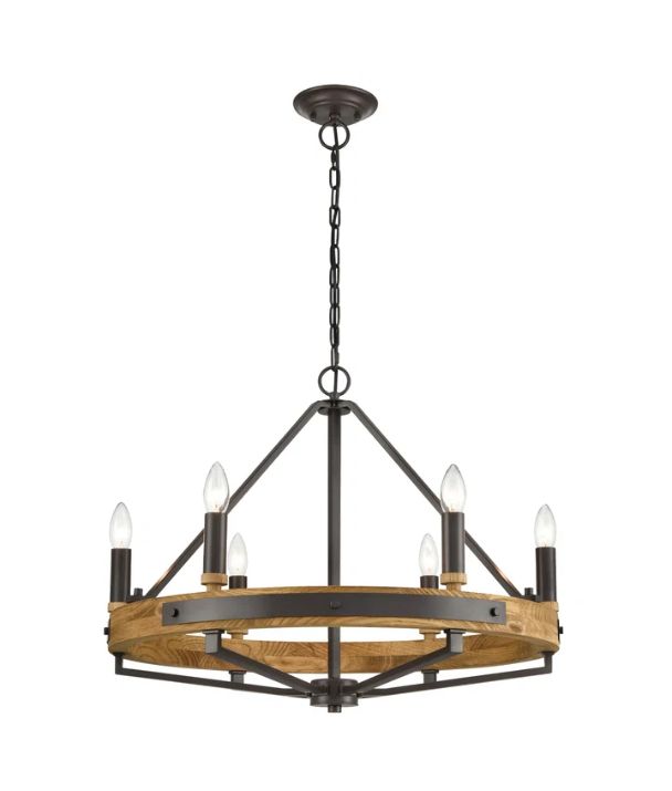 FUNALE: Interior Candelabra Natural Wood Oil Rubbed Bronze Hardware 6-Light Pendant Lights