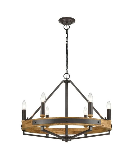 FUNALE: Interior Candelabra Natural Wood Oil Rubbed Bronze Hardware 6-Light Pendant Lights