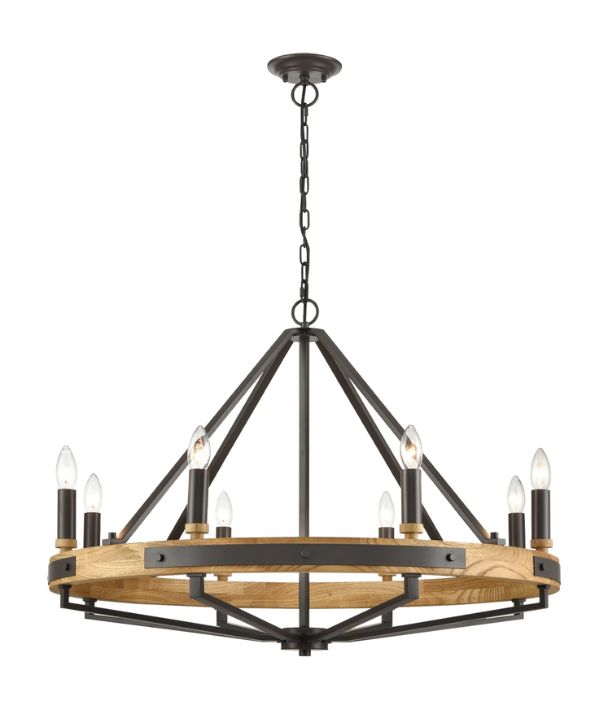 FUNALE: Interior Candelabra Natural Wood Oil Rubbed Bronze Hardware 8-Light Pendant Lights