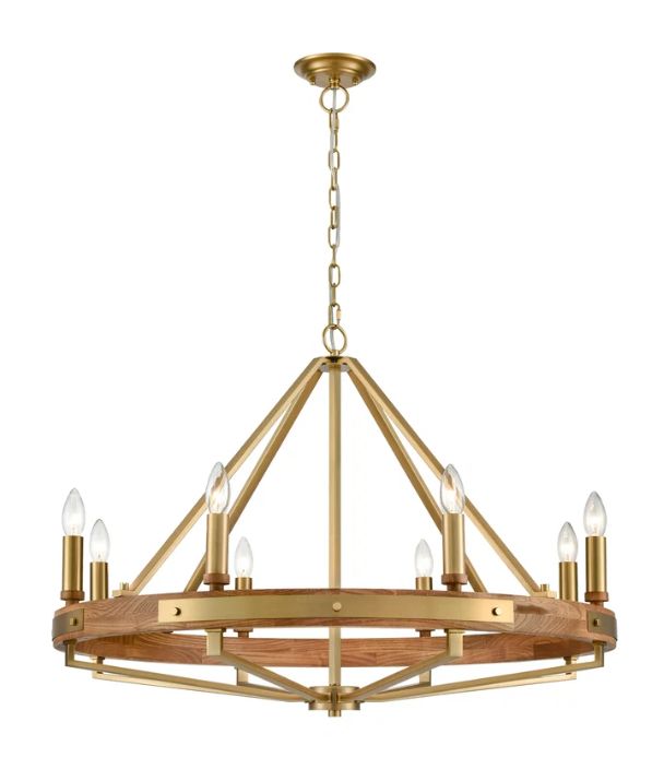 FUNALE: Interior Candelabra Oak Wood Satin Brass Hardware 8-Light Pendant Lights