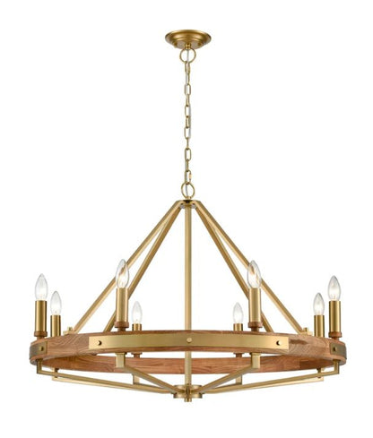 FUNALE: Interior Candelabra Oak Wood Satin Brass Hardware 8-Light Pendant Lights