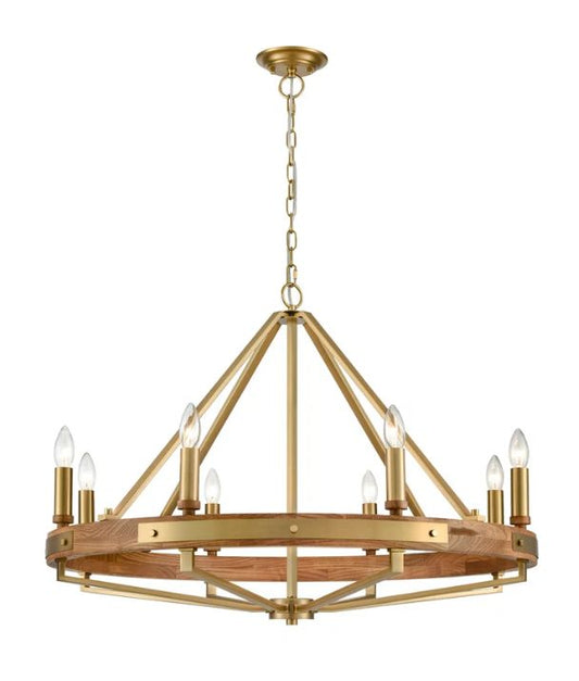 FUNALE: Interior Candelabra Oak Wood Satin Brass Hardware 8-Light Pendant Lights