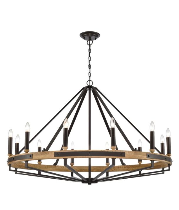 FUNALE: Interior Candelabra Natural Wood Oil Rubbed Bronze Hardware 12-Light Pendant Lights
