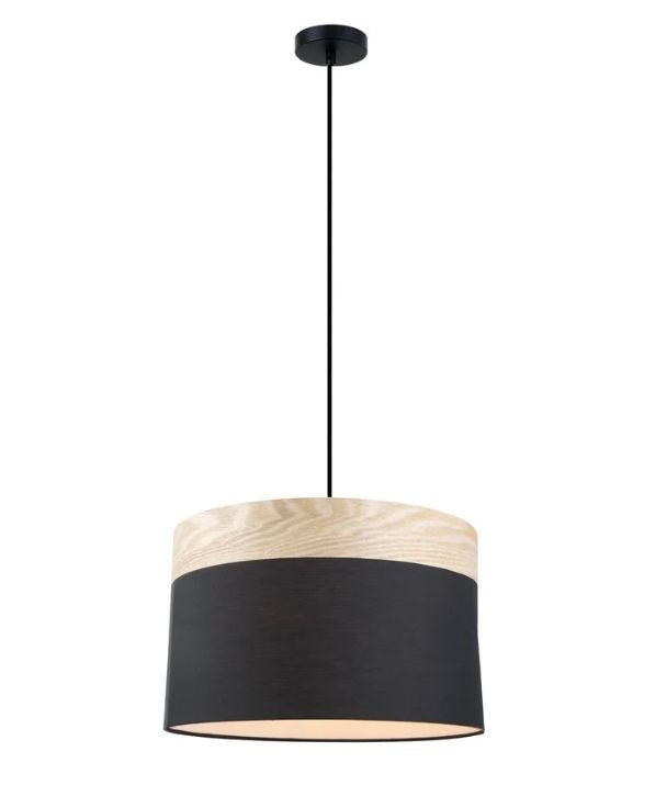 TAMBURA05: Scandinavian Large Drum Cloth Shade with Wood Veneer Trim Pendant Lights- Black