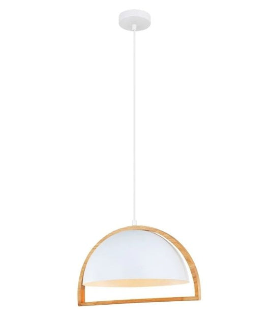 SWING3: Dome With Wood Frame Pendant Light - White