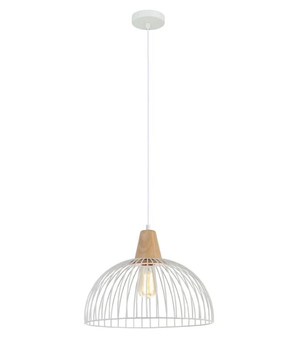 STRAND: Iron and Wood Dome Cage Pendant Light - White