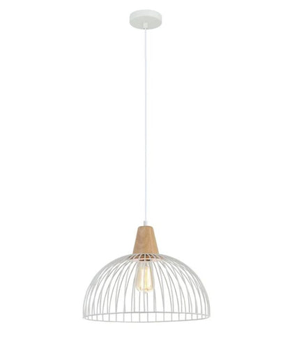 STRAND: Iron and Wood Dome Cage Pendant Light - White
