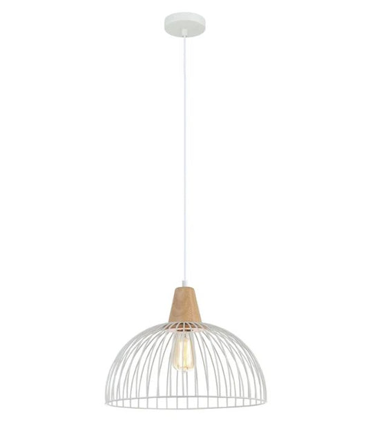 STRAND: Iron and Wood Dome Cage Pendant Light - White