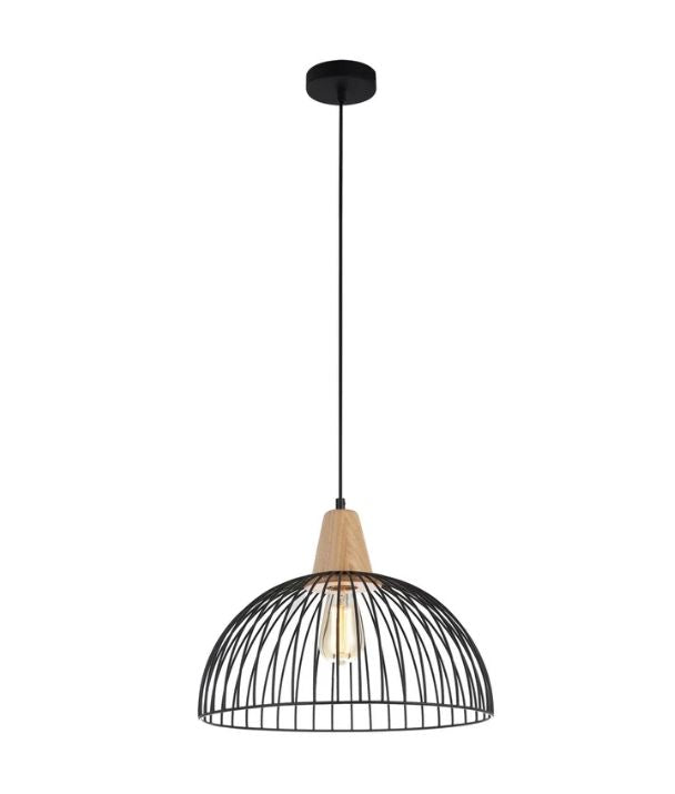 STRAND: Iron and Wood Dome Cage Pendant Light - Black