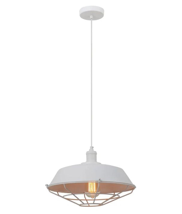 MATRIX: Industrial Iron Dome & Cage Pendant Light - White