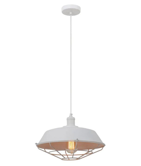 MATRIX: Industrial Iron Dome & Cage Pendant Light - White