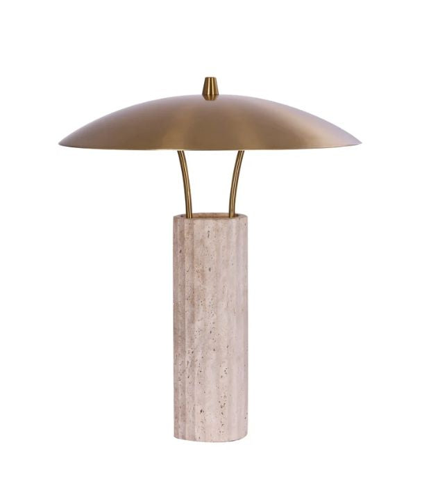 PARACCU: Interior LED Beige Travertine Base Brass Sun Hat Shade Table Lamp