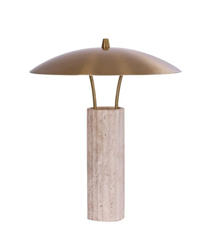 PARACCU: Interior LED Beige Travertine Base Brass Sun Hat Shade Table Lamp