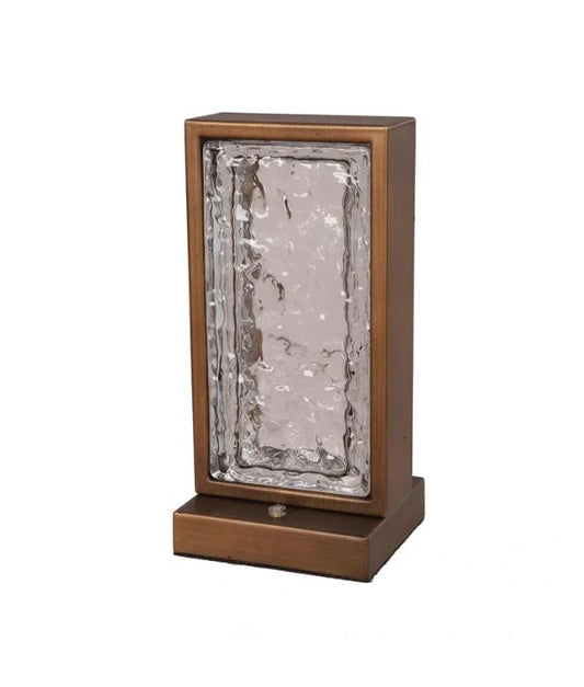 ZEIGEL: Interior LED Rectangular Textured Ice Glass Diffuser Table Lamp - Antique Brass Housing