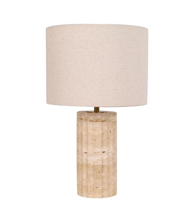 SAGITTA: Beige Travertine Base Oblong Fabric Cream Shade Table Lamp - Small