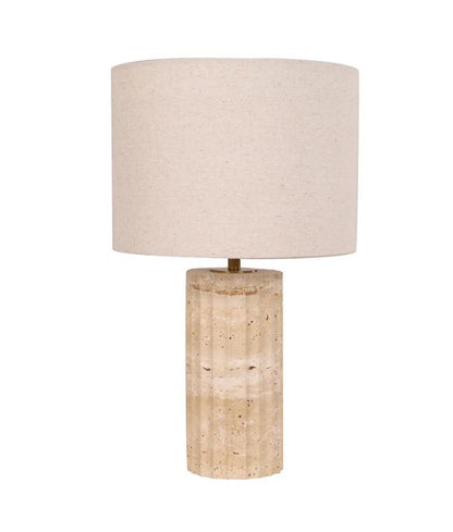 SAGITTA: Beige Travertine Base Oblong Fabric Cream Shade Table Lamp - Small