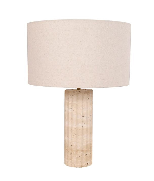 SAGITTA: Beige Travertine Base Oblong Fabric Cream Shade Table Lamp - Large
