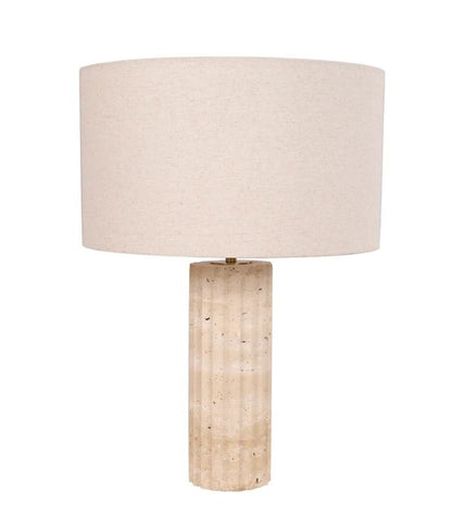 SAGITTA: Beige Travertine Base Oblong Fabric Cream Shade Table Lamp - Large